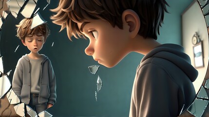 A beautiful image of a sad animated boy looking at a cracked mirror, metaphorically reflecting shattered dreams.