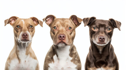 Tres perros sentados de frente a la cámara con fondo blanco,  retrato de estudio de mascotas domésticas para fondo o web - obrazy, fototapety, plakaty