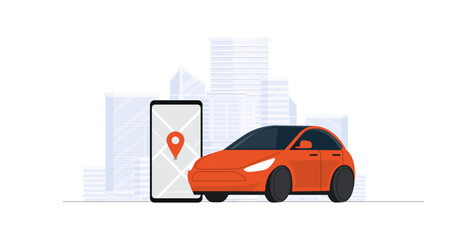 Vector illustration of autonomous online car sharing service controlled via smartphone app. - obrazy, fototapety, plakaty