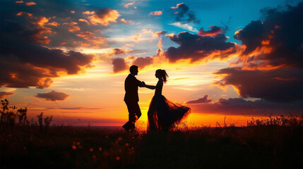 An enchanting silhouette of a couple embracing in a field, set against the vivid backdrop of a sunset sky filled with rich hues of orange and blue. 