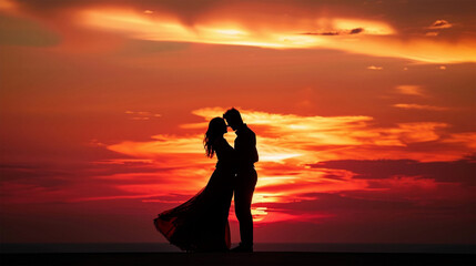 Fototapeta premium A silhouette of a couple is captured in a loving embrace as they stand on the beach, with the backdrop of a dramatically colored sunset sky,