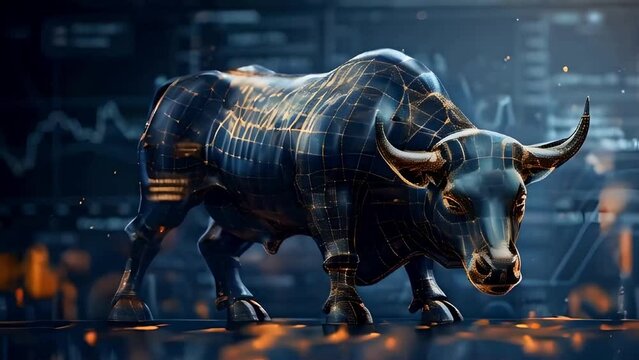 a bull on stock trading market background, business concept 
