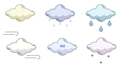 Colored set of icons on the theme of weather with various clouds. Rain, wind, snow, CO2, no precipitation