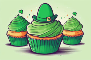 Happy St. Patrick's Day cupcakes with green hat. Vector illustration.