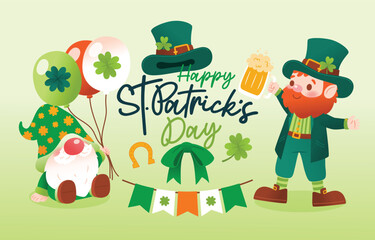 Cheerful Leprechaun and Gnome With Balloons Celebrate Saint Patrick's Day, Vector, Illustration