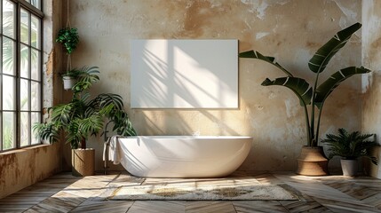 MINIMALISTIC MOCKUP OF white canvas sized at an aspect ration of 3:2 landscape orientation, in BRIGHTLY LIT SCENE, SOFT SHADOWS, LIGHT NEUTRAL and warm TONES, modern elegent bathroom with feminie aest
