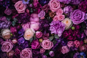 Colorful flower backdrop with purple and violet roses
