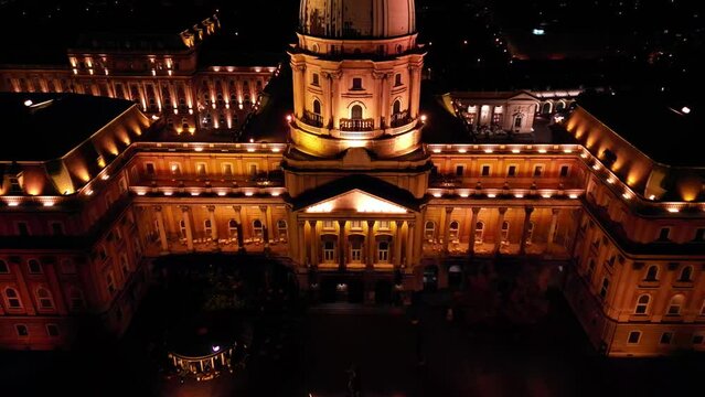 Aerial and drone view of Buda Castle at night, Budapest, Hungary