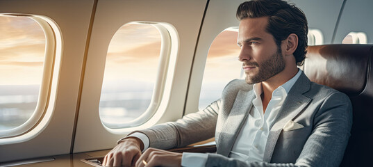 Businessman looking at window in private plane - obrazy, fototapety, plakaty