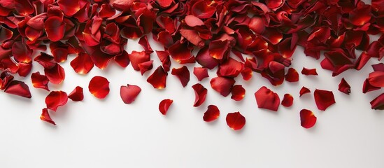 banner beautiful red rose petals on white background, with copy space. Top view