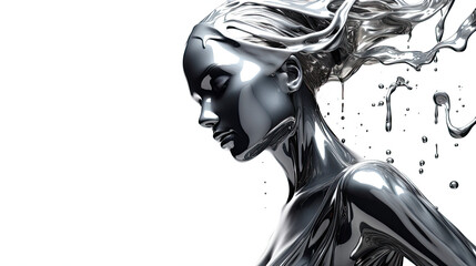 Cascading liquid metal engulfing a futuristic abstract fashion model silhouette, futuristic texture, isolated on a white background