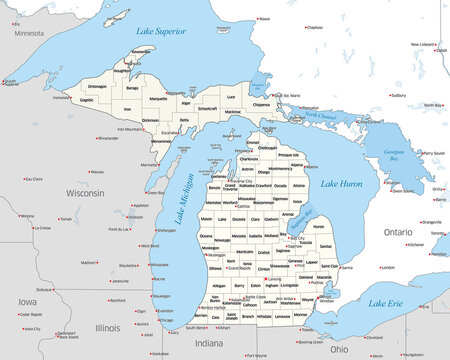 Map showing the various counties that make up the state of Michigan, located in the United States