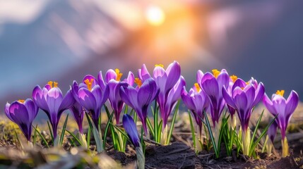 banner beautiful purple crocuses in spring, the sun beautifully illuminates the petals, atmospheric photography, spring concept, awakening of nature, flowering
