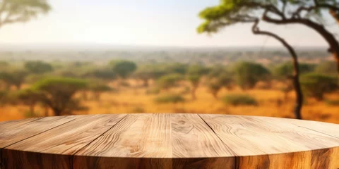 Foto op Aluminium The empty wooden brown table top with blur background of Savanna Safari. Exuberant image. generative AI © Summit Art Creations