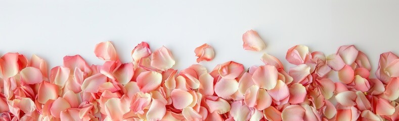 banner beautiful delicate pink rose petals on white background, with copy space. Top view