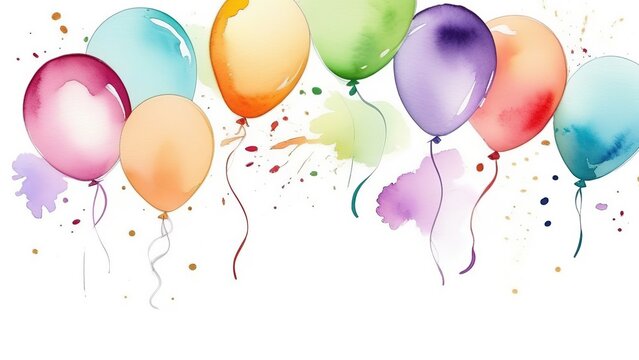 Watercolor white birthday background with balloons, A banner for presentation or congratulations on a holiday or birthday, a place for text.