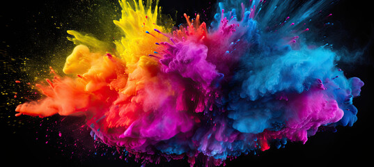 Colorful rainbow holi paint color powder explosion. isolated on black background