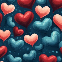 Colorful heart balloons floating on a festive background, a playful celebration of love. Festive and fun pattern of red, pink, and blue heart balloons symbolizing joy and affection.