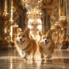Palatial Paws: Two Pembroke Welsh Corgis Exploring the Splendor of a Palace, Bringing Energetic Fun to a Noble Setting