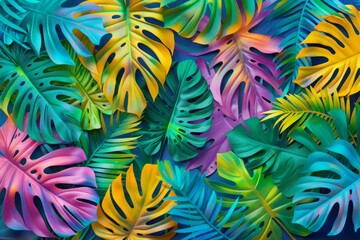 Nature tropical concept. fluorescent background made of palm and monstera leaves. Flat lay, top view. layout in neon colors.