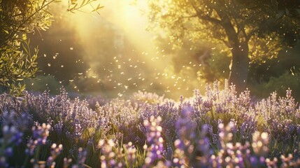 banner field with lavender, petals illuminated by the sun, blossom, concept summer