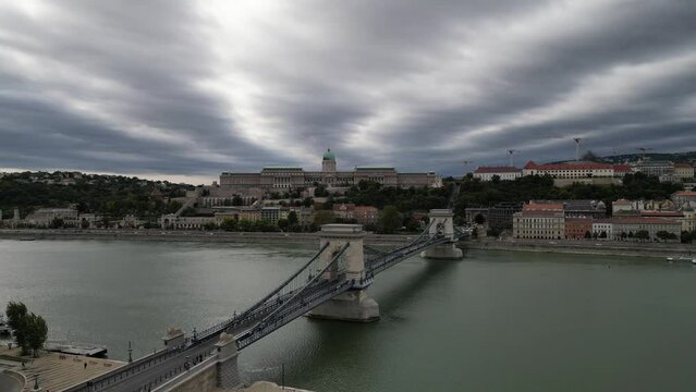 Aerial and drone view of the Sz&eacute;chenyi Chain Bridge, Danube river and Buda Castle, Budapest, Hungary
