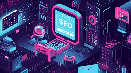an isometric illustration with the letters SEO ,illustrating the concept of Search Engine Optimization.