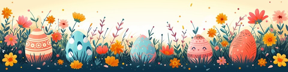 Happy Easter Banner. Illustration flat, Colorful Easter eggs on grass with flowers on a sunny spring day - Easter decoration, banner, panorama, background with copy space for text