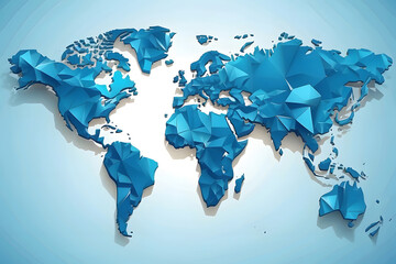 A low poly global map with a bright blue geometric tech background design. Banner design in vector design.