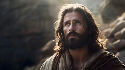 Portrait of Jesus Christ on a rock. Handsome Man with long hair and beard. Easter concept.
