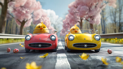 Two funny cool easter chicks driving sports car, front view. Closeup of cars with eggs on the road in the spring blooming forest. - obrazy, fototapety, plakaty