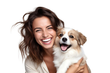 Portrait of beautiful women hugging cute dog with smile and hppiness isolated on background, lovely moment of pet and owner.