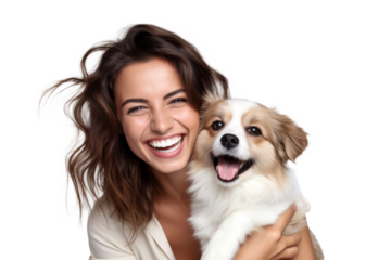 Portrait of beautiful women hugging cute dog with smile and hppiness isolated on background, lovely moment of pet and owner.