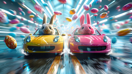 Two funny easter bunnies driving yellow and pink sports car, front view. Closeup of cars with rabbits on the road at high speed with flying easter eggs.