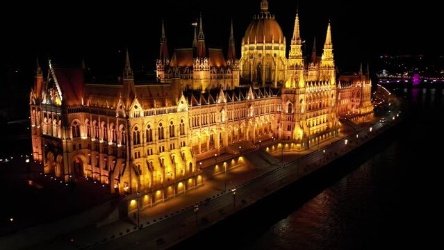 Aerial and drone view of Budapest parliament and Danube river at night, Hungary