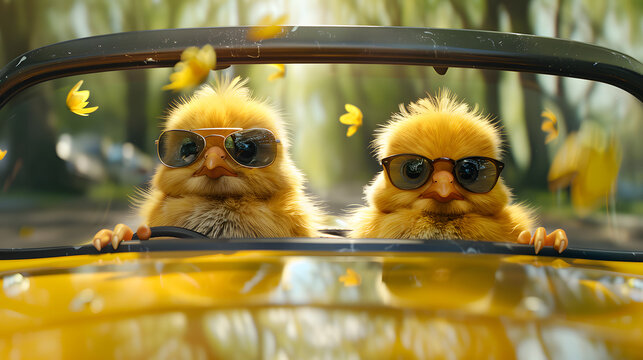 Two little funny yellow chickens in sunglasses driving car 