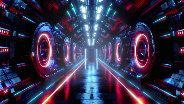 A mix of cold metal and warm lights gives a contrast that is both inviting and intimidating in this sci-fi setting. Seamless loop animation render, The floor is reflective, 