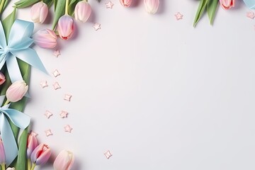 Fototapeta na wymiar Elegant women's day graphic with small tulips and flowers in beautiful pastel colors