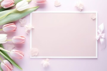 Feminine women's day gift frame with small tulips and flowers in soft pastel colors