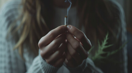 close-up of a person's hands holding a lit cigarette, with smoke rising against a blurred background.