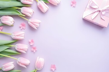 Fototapeta na wymiar Women's day celebration frame with pastel tulips and flowers, march 8th