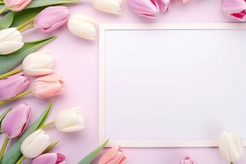 Elegant pastel colored frame with small tulips and gift boxes for women's day