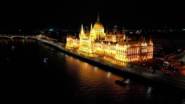 Aerial and drone view of Budapest parliament and Danube river at night, Hungary