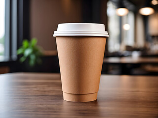 Package mockup of a brown blank paper coffee cup design, placed on a table in a café design.