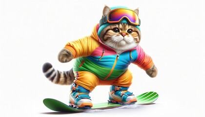 Cat Character on Snowboard. Fluffy Funny Sport Cat in Sportwear Suit Isolated on White Background Pet Animal Mascot Avatar Fantasy Portrait Art Illustration.