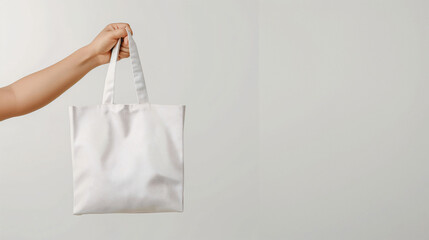Woman hand holding white canvas bag on white background with copy space. Mockup for design