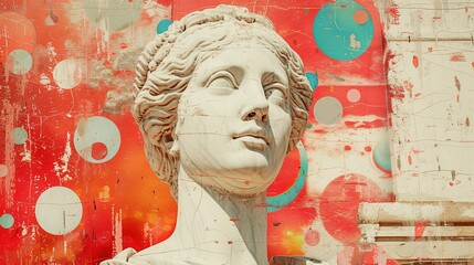 Contemporary Art. Geometric composition with Greek sculpture and geometric objects. Sculptural female head in antique (Greek, Roman) style. Beauty in stone. Illustration for varied design.
