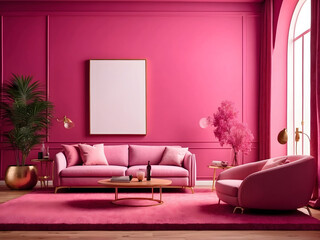 Stylish living room with a magenta wall, a sophisticated facsimile frame, and a contemporary, stylish furniture design.