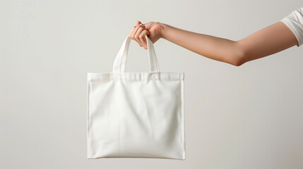Woman hand holding white canvas bag on white background with copy space. Mockup for design