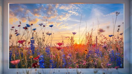 banner field with wildflowers in frame, blossom, concept spring, summer, natural background